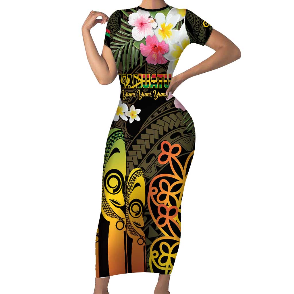 Personalised Vanuatu Independence Day Short Sleeve Bodycon Dress Carving Drum Sand Drawing Turtle LT14 Long Dress Black - Polynesian Pride