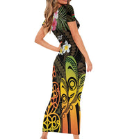 Personalised Vanuatu Independence Day Short Sleeve Bodycon Dress Carving Drum Sand Drawing Turtle LT14 - Polynesian Pride