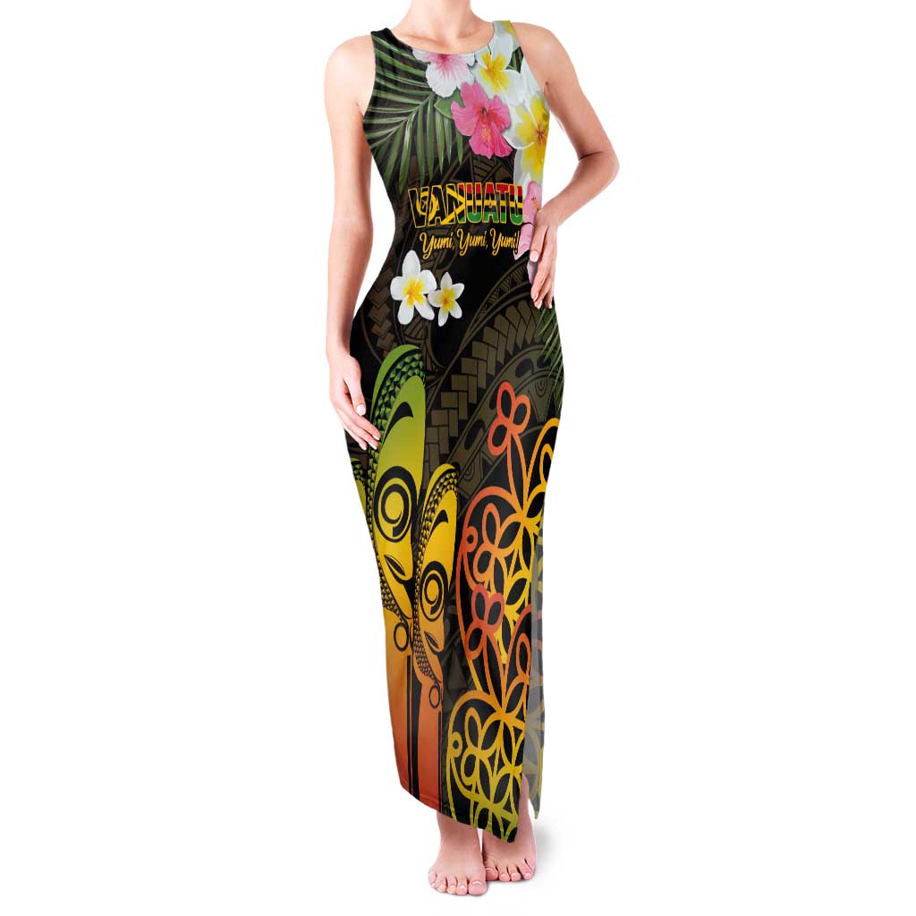 Personalised Vanuatu Independence Day Tank Maxi Dress Carving Drum Sand Drawing Turtle LT14 Women Black - Polynesian Pride