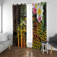 Personalised Vanuatu Independence Day Window Curtain Carving Drum Sand Drawing Turtle LT14 With Grommets Black - Polynesian Pride