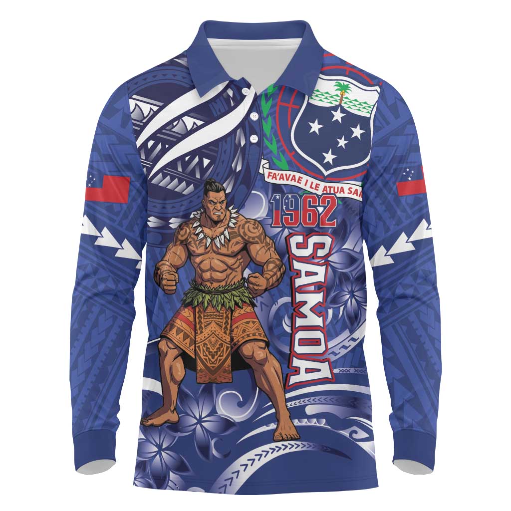 Samoa Independence Day Long Sleeve Polo Shirt 1962 Proud Samoan Warrior LT14 Blue - Polynesian Pride