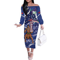 Samoa Independence Day Off The Shoulder Long Sleeve Dress 1962 Proud Samoan Warrior LT14 Women Blue - Polynesian Pride