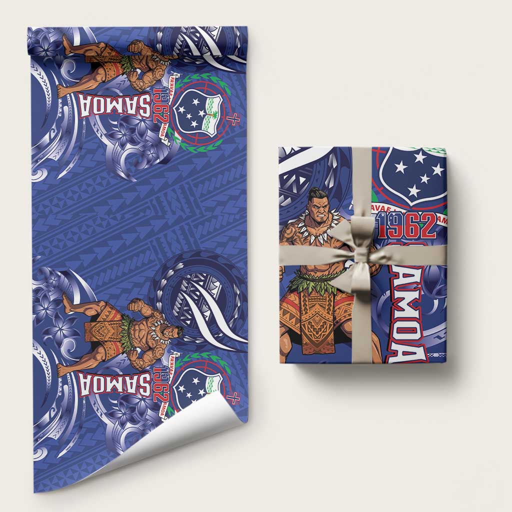 Samoa Independence Day Wrapping Paper 1962 Proud Samoan Warrior LT14 58" × 23" Blue - Polynesian Pride