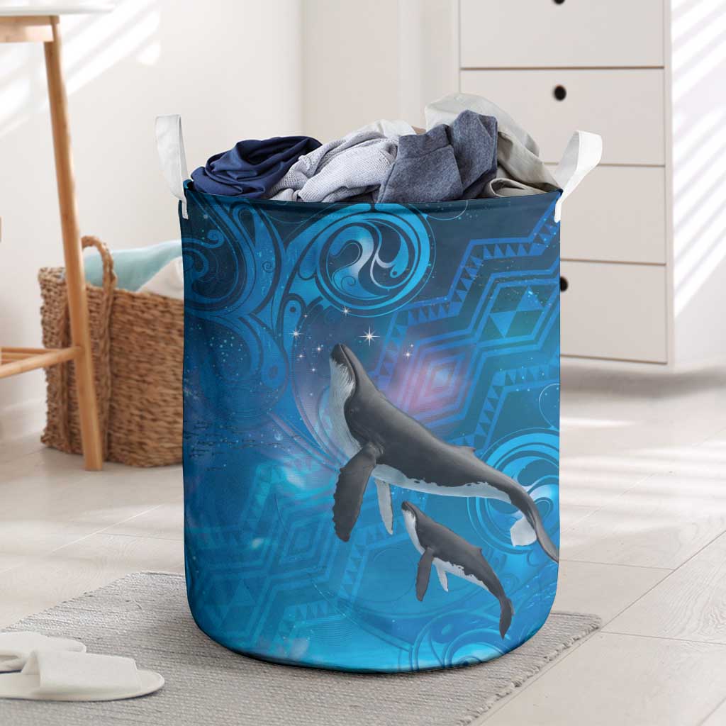 Paikea New Zealand Matariki Laundry Basket Humpback Whale Taniko Motifs Ocean Vibes LT14 Blue - Polynesian Pride