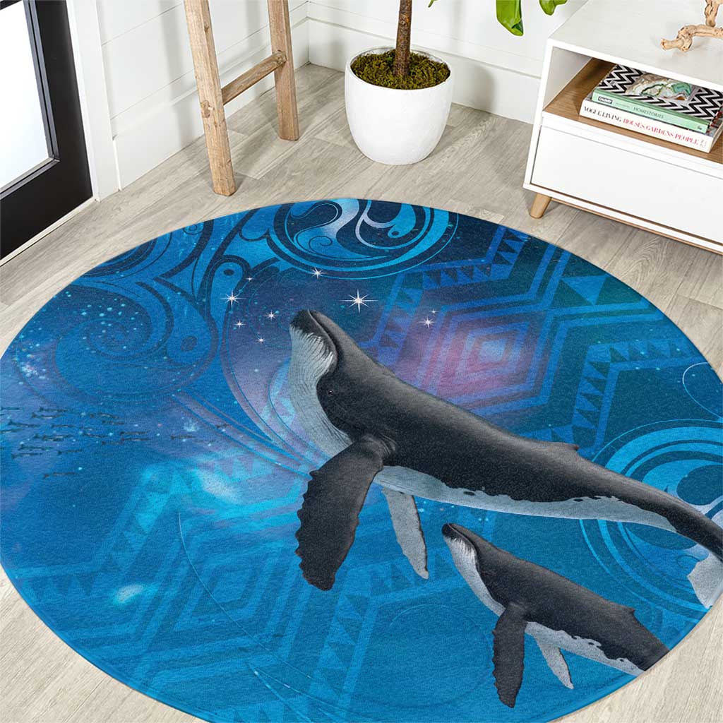 Paikea New Zealand Matariki Round Carpet Humpback Whale Taniko Motifs Ocean Vibes LT14 Blue - Polynesian Pride
