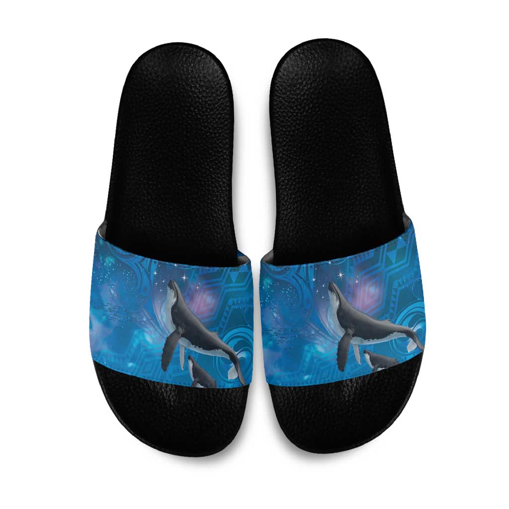 Paikea New Zealand Matariki Slide Sandals Humpback Whale Taniko Motifs Ocean Vibes LT14 Blue - Polynesian Pride