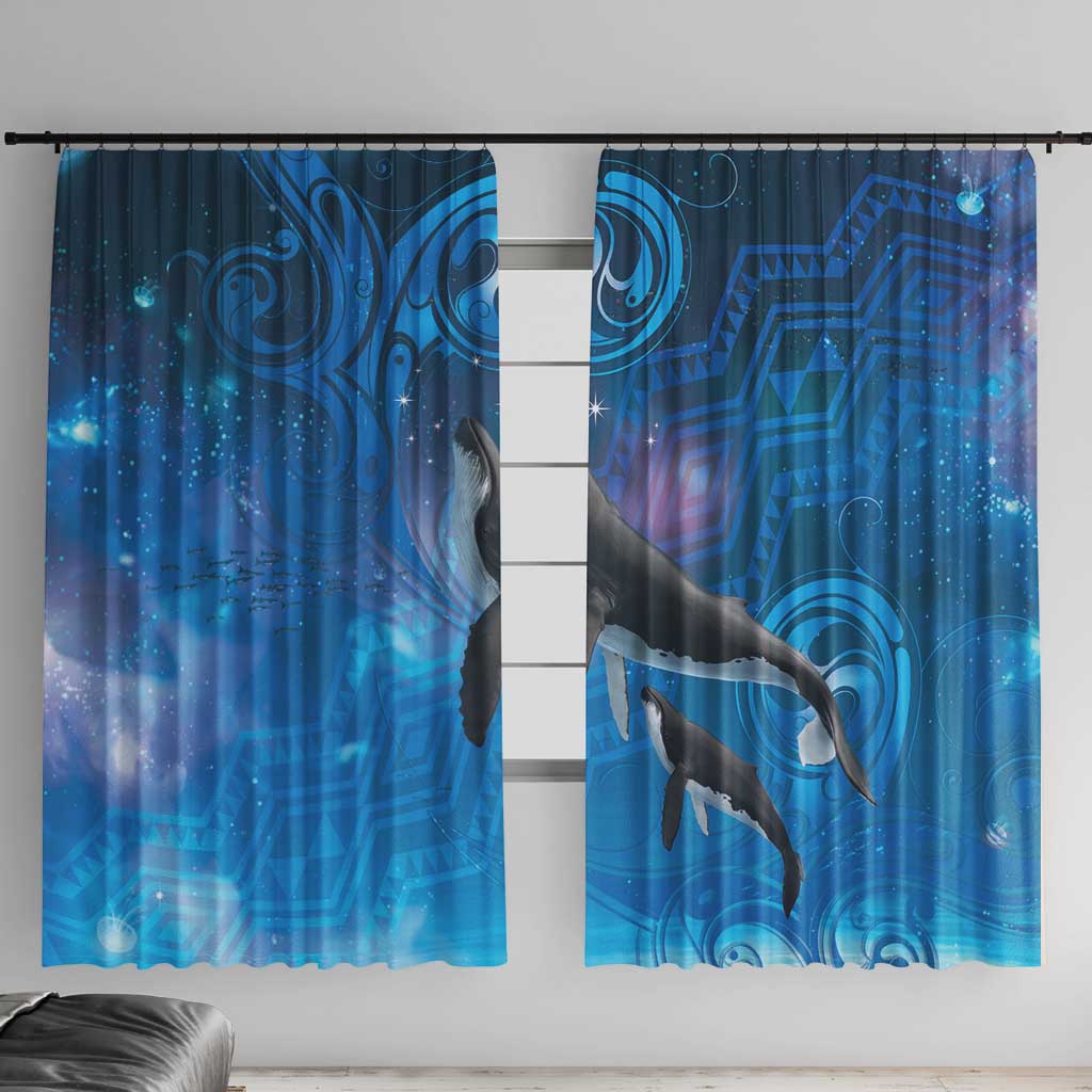 Paikea New Zealand Matariki Window Curtain Humpback Whale Taniko Motifs Ocean Vibes LT14 With Hooks Blue - Polynesian Pride