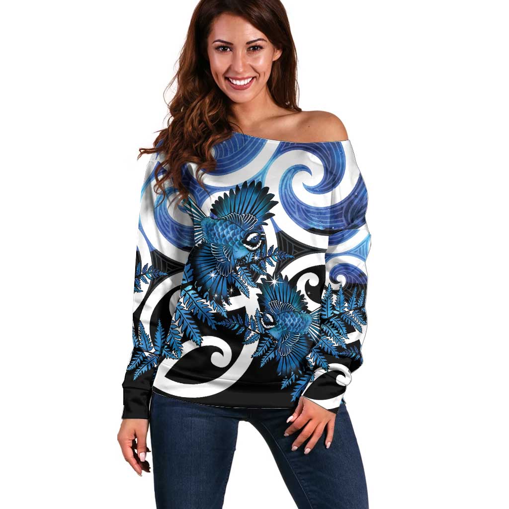 Piwakawaka New Zealand Matariki Off Shoulder Sweater Maori New Year Silver Fern Blue Galaxy LT14 Women Blue - Polynesian Pride