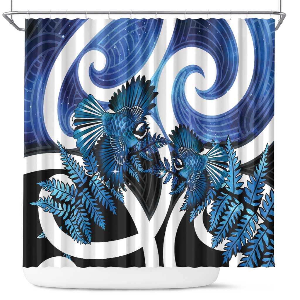Piwakawaka New Zealand Matariki Shower Curtain Maori New Year Silver Fern Blue Galaxy LT14 Blue - Polynesian Pride