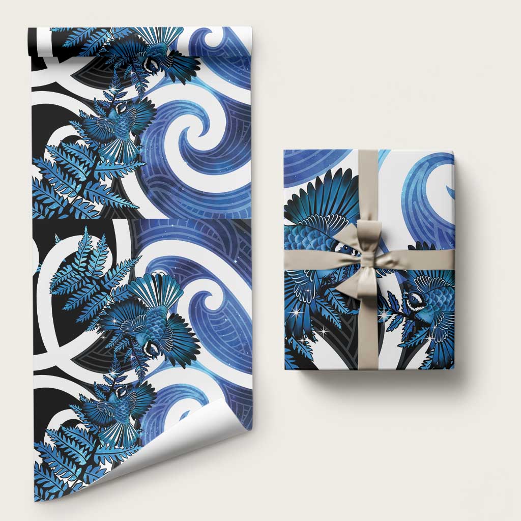 Piwakawaka New Zealand Matariki Wrapping Paper Maori New Year Silver Fern Blue Galaxy LT14 58" × 23" Blue - Polynesian Pride