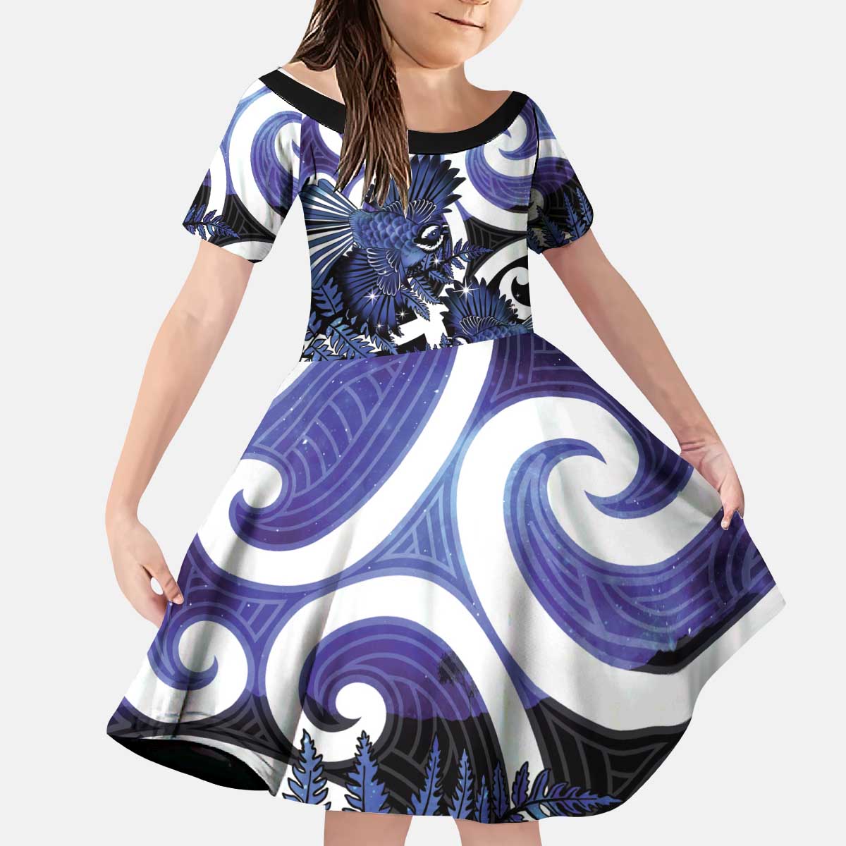 Piwakawaka New Zealand Matariki Kid Short Sleeve Dress Maori New Year Silver Fern Purple Galaxy LT14 KID Purple - Polynesian Pride