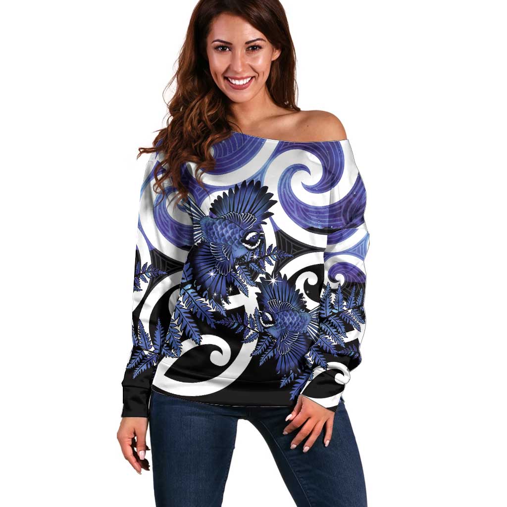 Piwakawaka New Zealand Matariki Off Shoulder Sweater Maori New Year Silver Fern Purple Galaxy LT14 Women Purple - Polynesian Pride