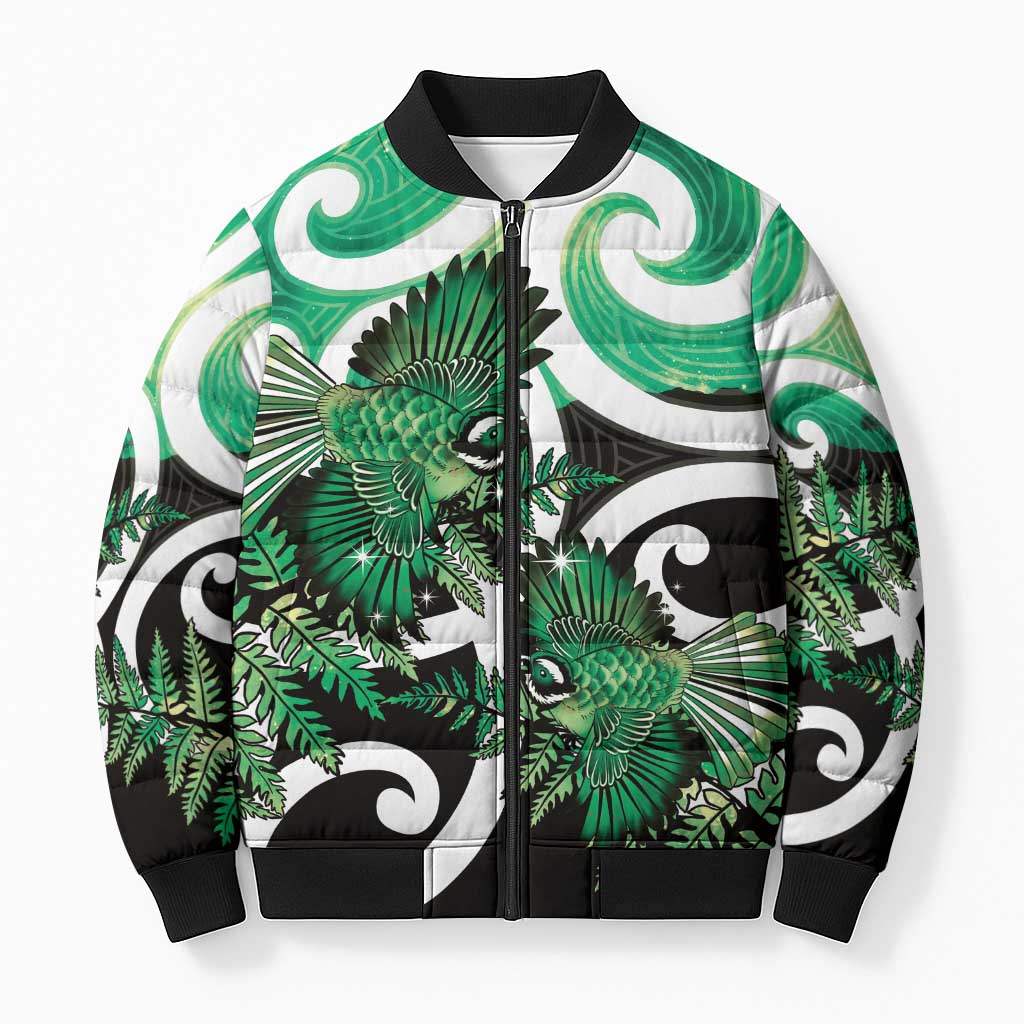 Piwakawaka New Zealand Matariki Bomber Puffer Jacket Maori New Year Silver Fern Green Galaxy LT14 Unisex Green - Polynesian Pride