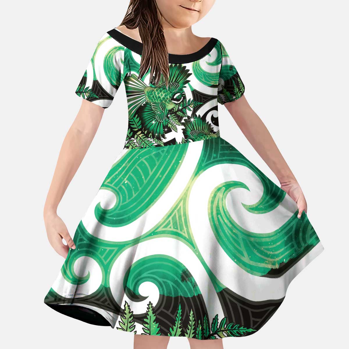 Piwakawaka New Zealand Matariki Kid Short Sleeve Dress Maori New Year Silver Fern Green Galaxy LT14 KID Green - Polynesian Pride