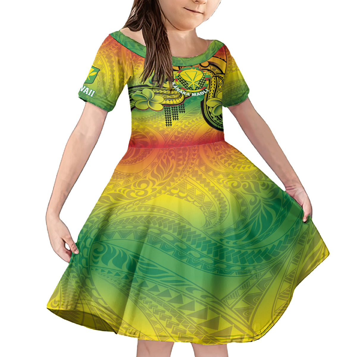 Hawaii Flag Day Kid Short Sleeve Dress Kanaka Maoli With Kakau Polynesian Pattern LT14 KID Green - Polynesian Pride