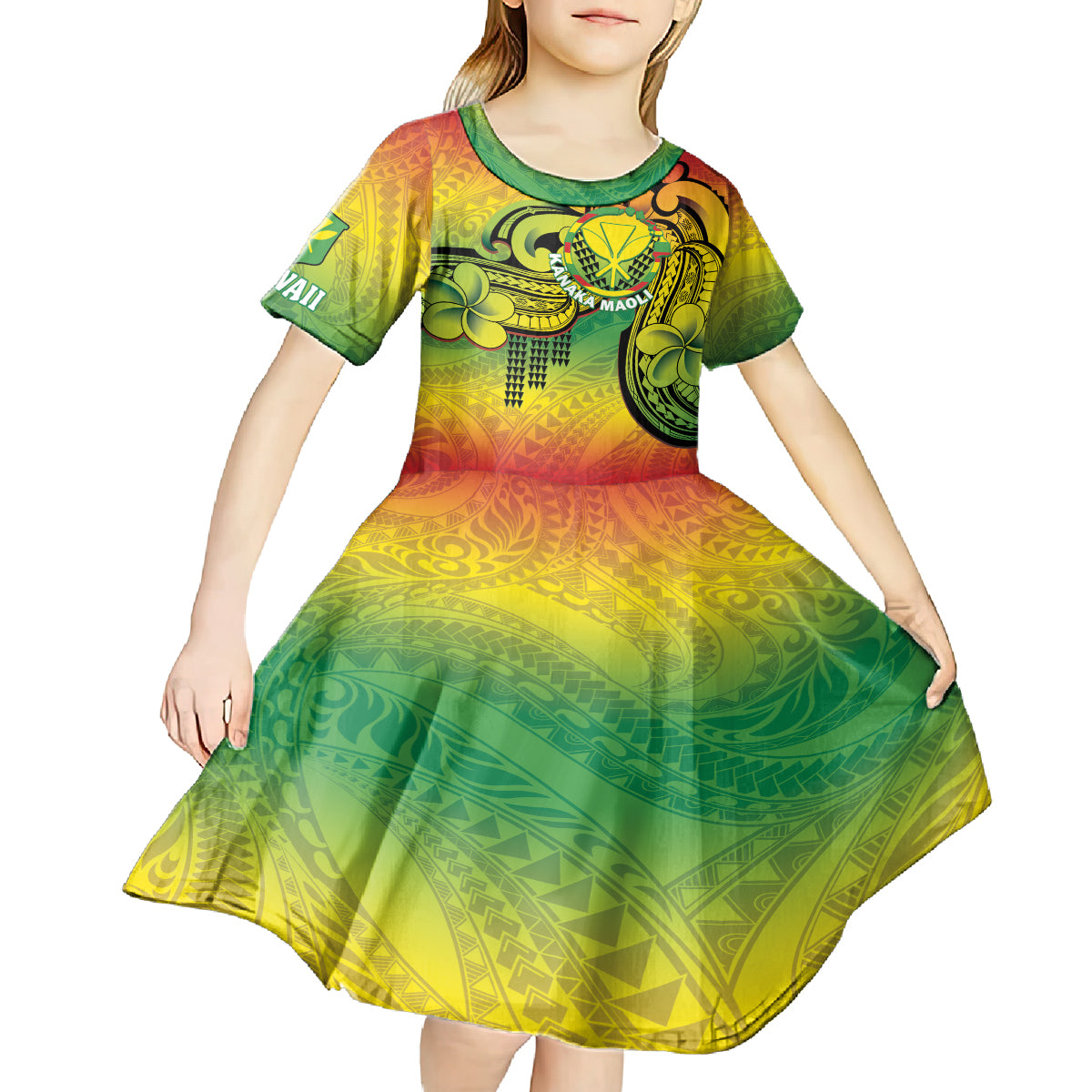Hawaii Flag Day Kid Short Sleeve Dress Kanaka Maoli With Kakau Polynesian Pattern LT14 - Polynesian Pride
