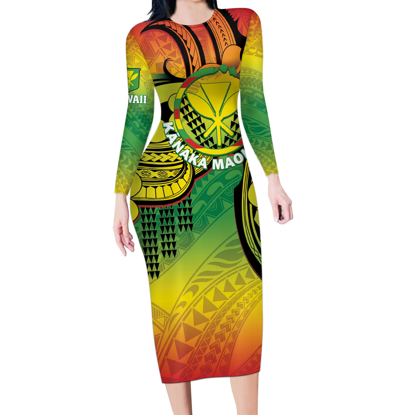 Hawaii Flag Day Long Sleeve Bodycon Dress Kanaka Maoli With Kakau Polynesian Pattern LT14 Long Dress Green - Polynesian Pride