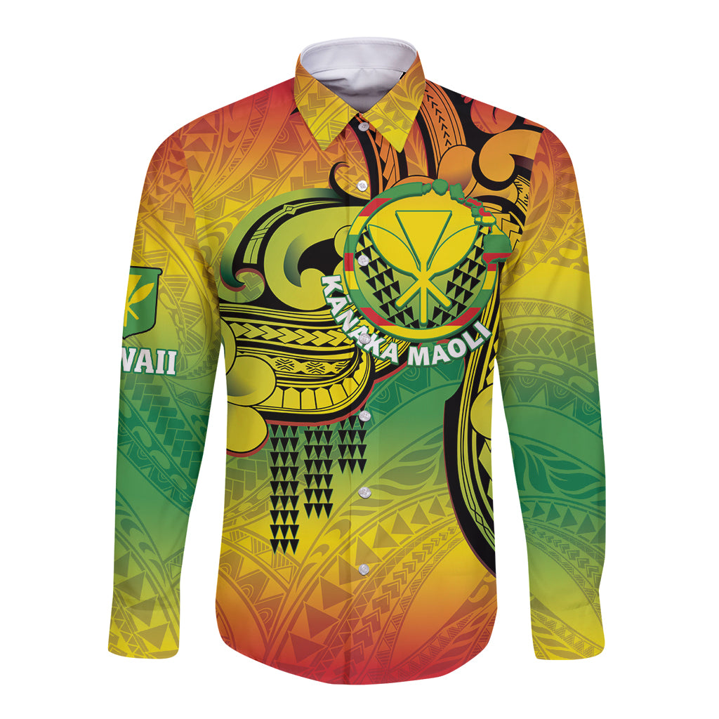 Hawaii Flag Day Long Sleeve Button Shirt Kanaka Maoli With Kakau Polynesian Pattern LT14 Unisex Green - Polynesian Pride