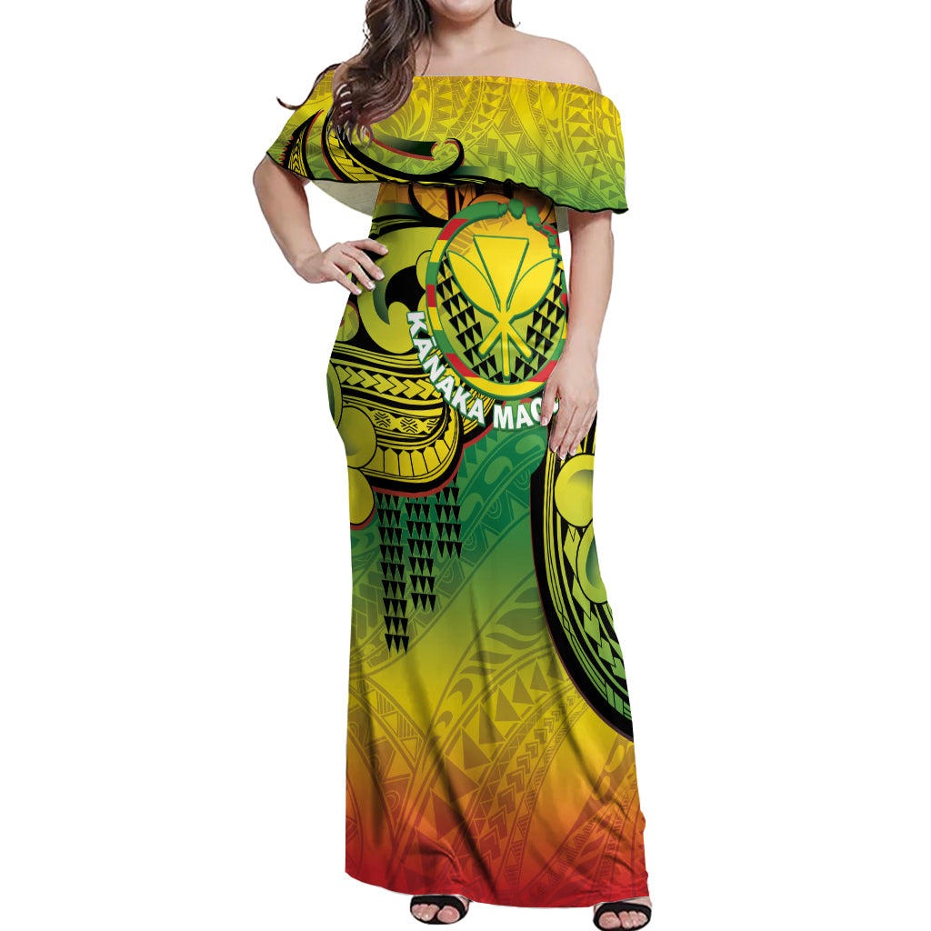 Hawaii Flag Day Off Shoulder Maxi Dress Kanaka Maoli With Kakau Polynesian Pattern LT14 Women Green - Polynesian Pride