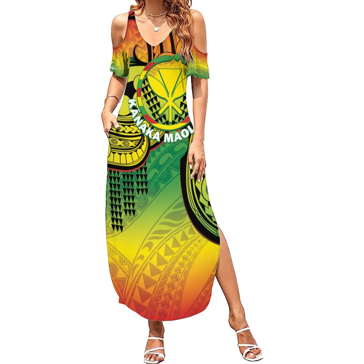 Hawaii Flag Day Summer Maxi Dress Kanaka Maoli With Kakau Polynesian Pattern LT14 Women Green - Polynesian Pride