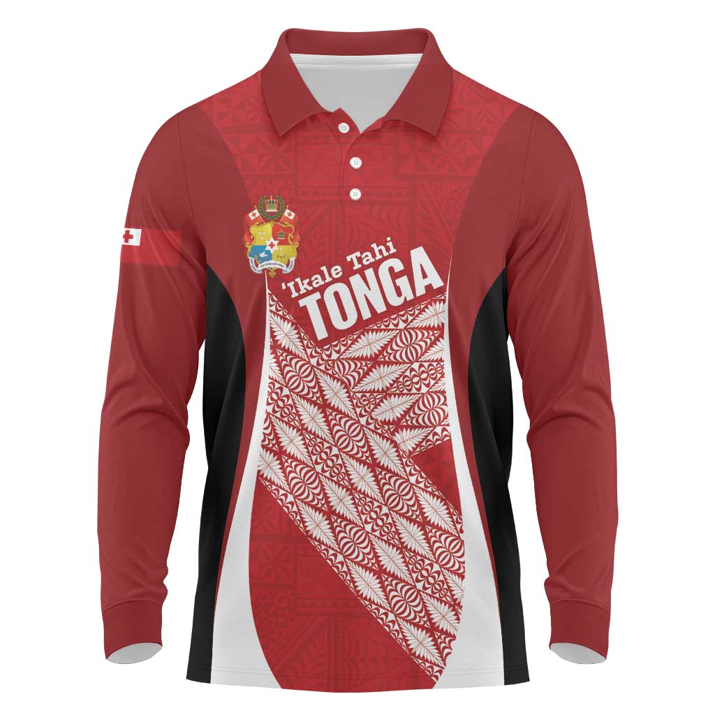 Tonga Rugby Custom Long Sleeve Polo Shirt Go ʻIkale Tahi Go Tongan Tapa Cloth LT14 Red - Polynesian Pride