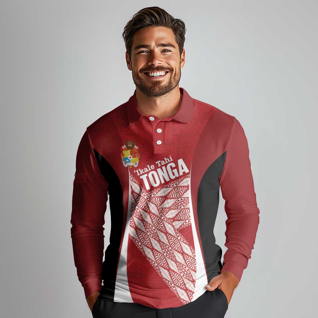 Tonga Rugby Custom Long Sleeve Polo Shirt Go ʻIkale Tahi Go Tongan Tapa Cloth LT14 - Polynesian Pride