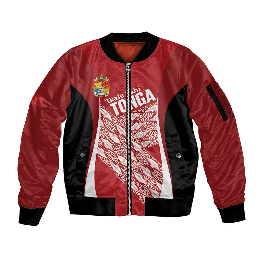 Tonga Rugby Custom Sleeve Zip Bomber Jacket Go ʻIkale Tahi Go Tongan Tapa Cloth LT14 Unisex Red - Polynesian Pride