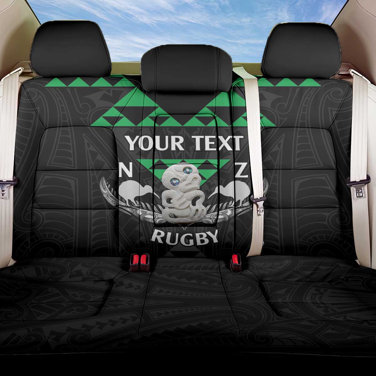 Personalised Aotearoa Rugby Back Car Seat Cover New Zealand Maori Kete Matauranga Pattern LT14 One Size Black - Polynesian Pride