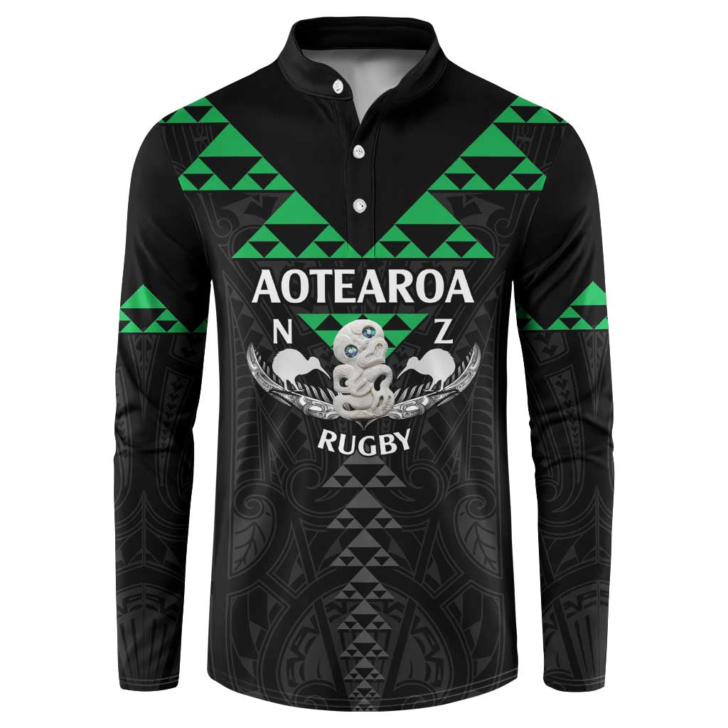 Personalised Aotearoa Rugby Button Sweatshirt New Zealand Maori Kete Matauranga Pattern LT14 Black - Polynesian Pride