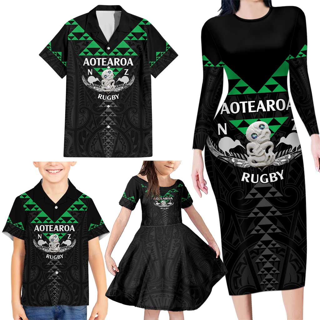Personalised Aotearoa Rugby Family Matching Long Sleeve Bodycon Dress and Hawaiian Shirt New Zealand Maori Kete Matauranga Pattern