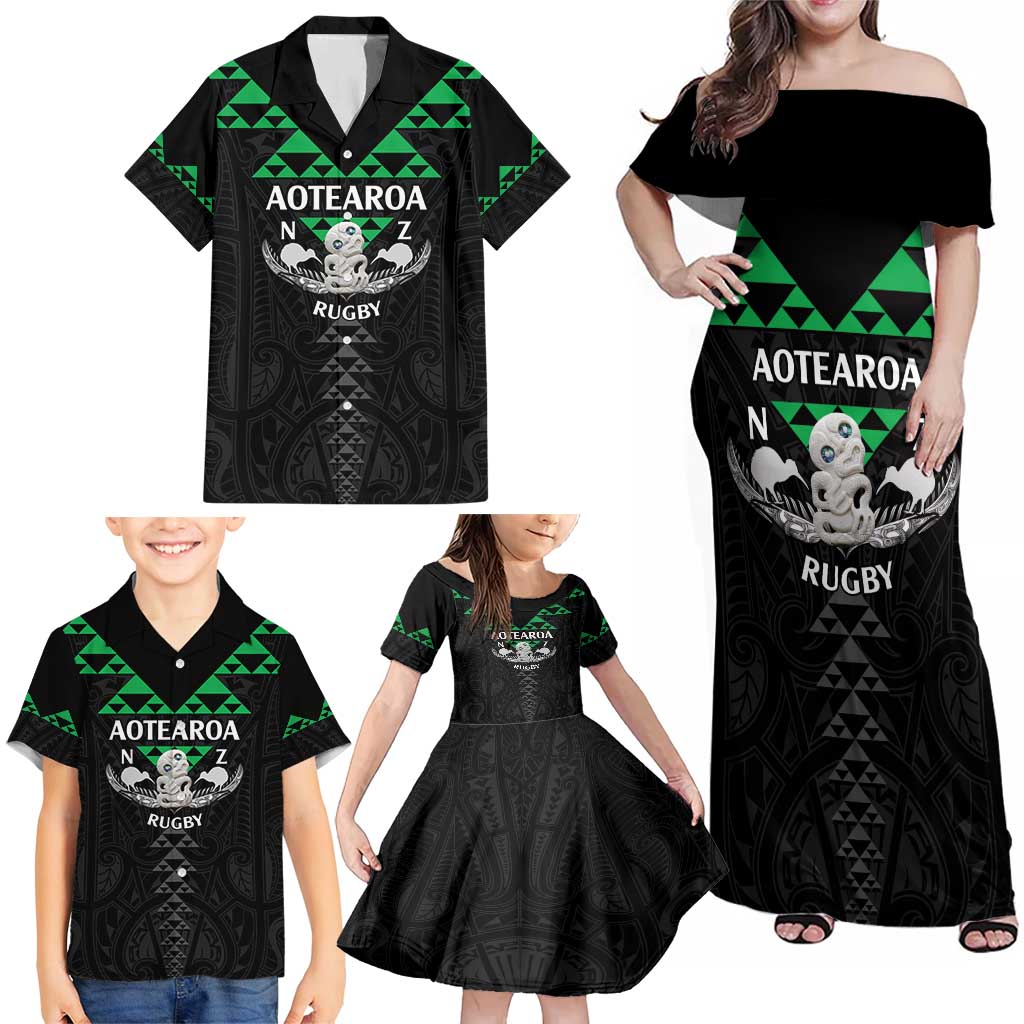 Personalised Aotearoa Rugby Family Matching Off Shoulder Maxi Dress and Hawaiian Shirt New Zealand Maori Kete Matauranga Pattern