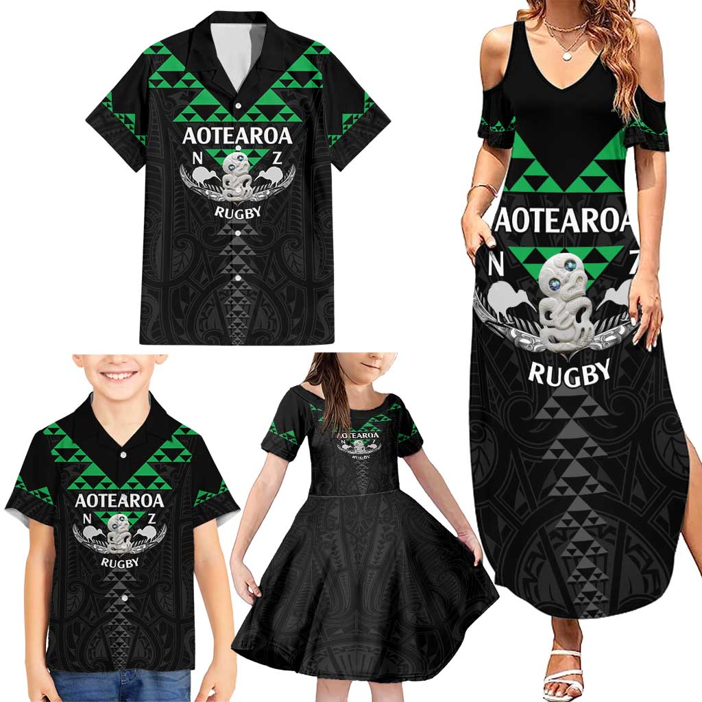 Personalised Aotearoa Rugby Family Matching Summer Maxi Dress and Hawaiian Shirt New Zealand Maori Kete Matauranga Pattern