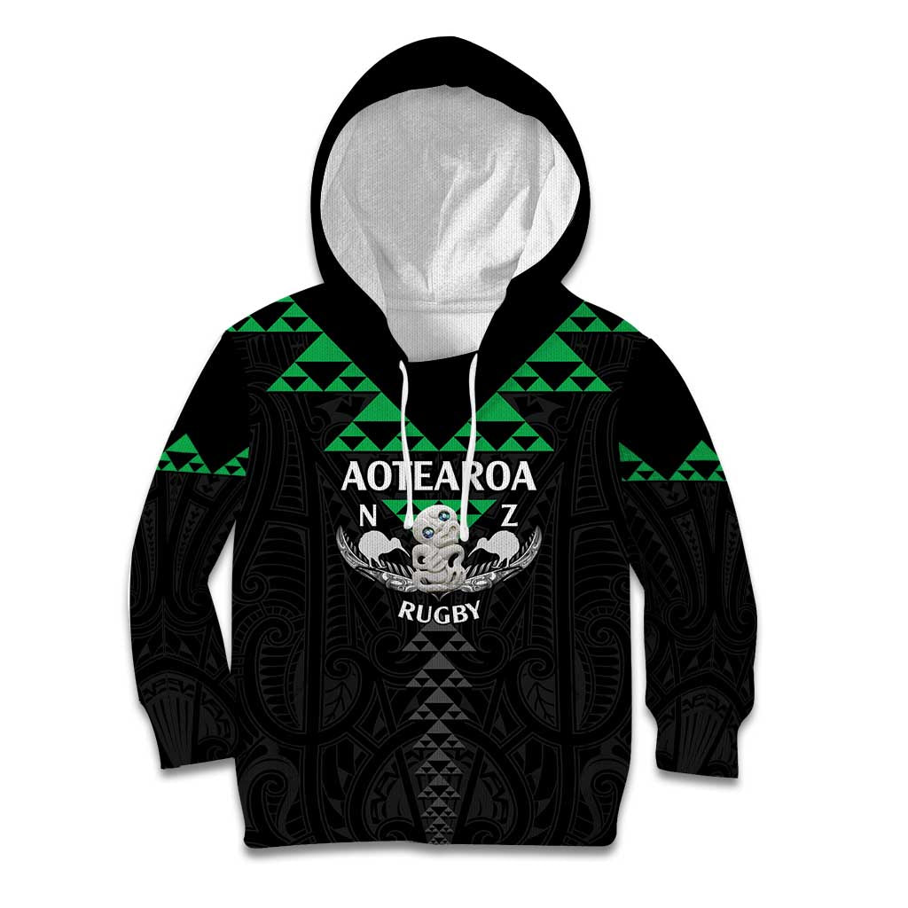 Personalised Aotearoa Rugby Kid Hoodie New Zealand Maori Kete Matauranga Pattern LT14 Hoodie Black - Polynesian Pride