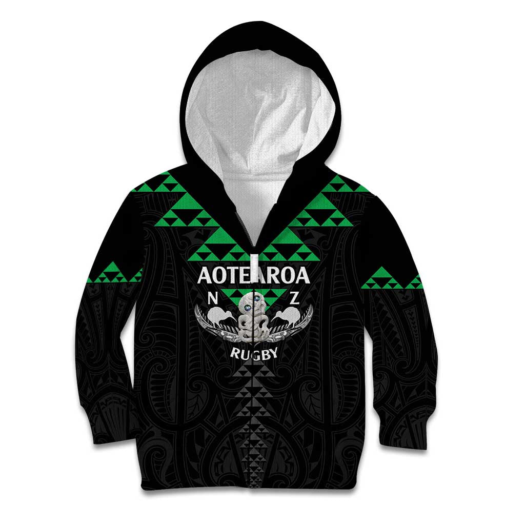 Personalised Aotearoa Rugby Kid Hoodie New Zealand Maori Kete Matauranga Pattern LT14 Zip Hoodie Black - Polynesian Pride