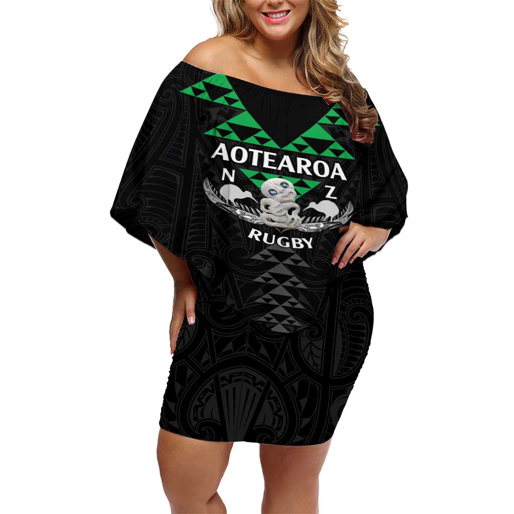 Personalised Aotearoa Rugby Off Shoulder Short Dress New Zealand Maori Kete Matauranga Pattern LT14 Women Black - Polynesian Pride