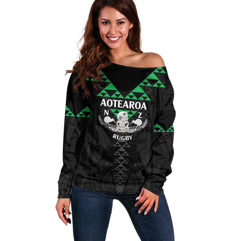 Personalised Aotearoa Rugby Off Shoulder Sweater New Zealand Maori Kete Matauranga Pattern LT14 Women Black - Polynesian Pride