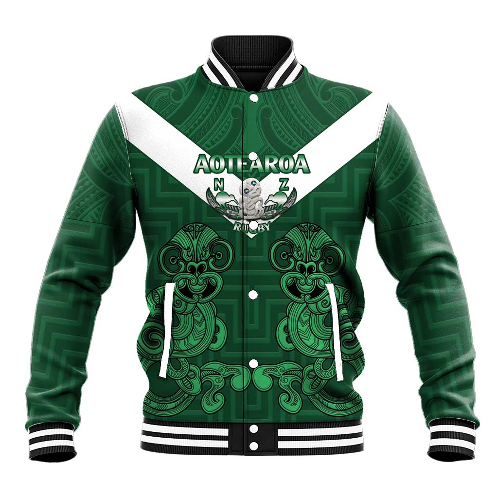 Custom Aotearoa Rugby Baseball Jacket New Zealand Maori Kete Poutama Pattern LT14 Unisex Green - Polynesian Pride
