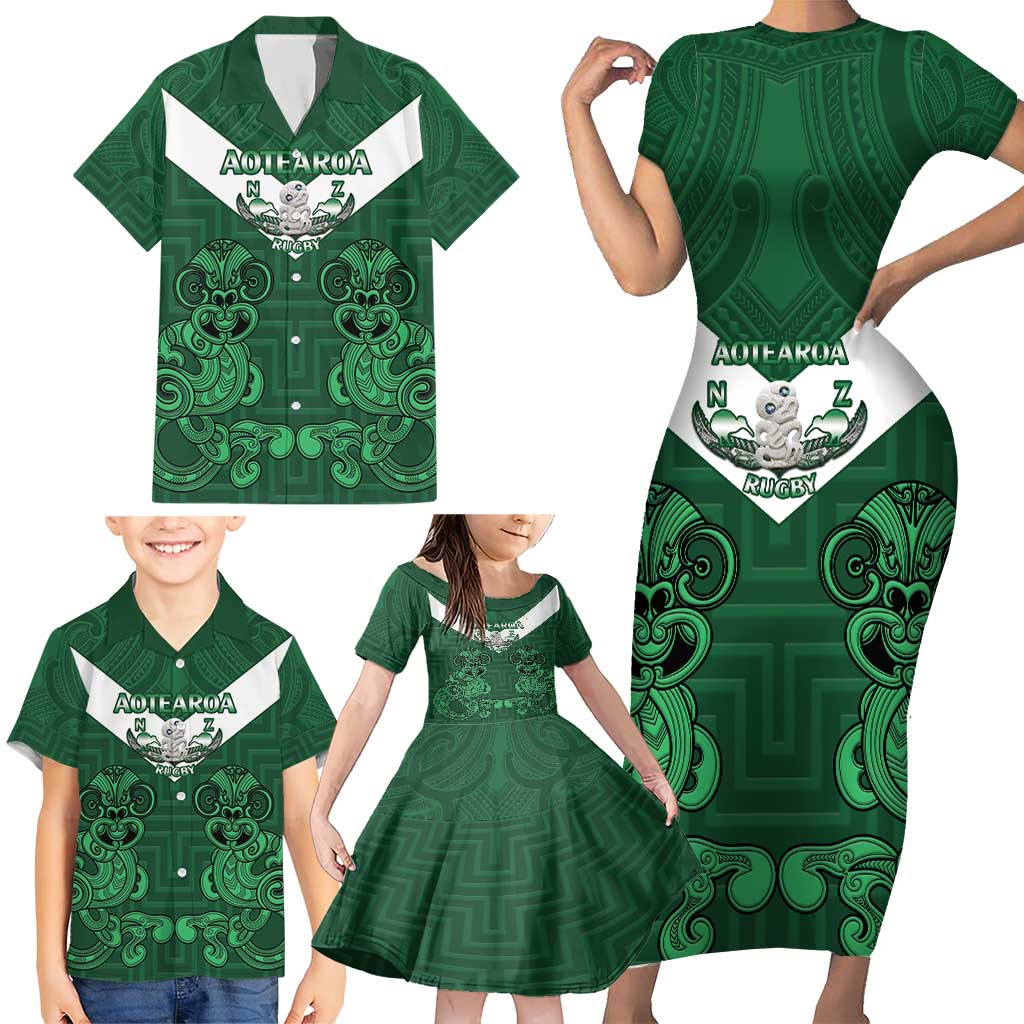 Custom Aotearoa Rugby Family Matching Short Sleeve Bodycon Dress and Hawaiian Shirt New Zealand Maori Kete Poutama Pattern