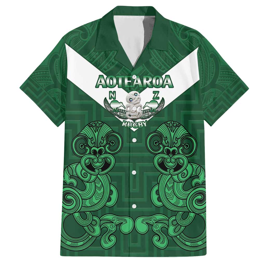 Custom Aotearoa Rugby Hawaiian Shirt New Zealand Maori Kete Poutama Pattern LT14 Green - Polynesian Pride