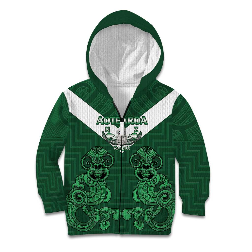 Custom Aotearoa Rugby Kid Hoodie New Zealand Maori Kete Poutama Pattern LT14 Zip Hoodie Green - Polynesian Pride