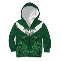 Custom Aotearoa Rugby Kid Hoodie New Zealand Maori Kete Poutama Pattern LT14 Zip Hoodie Green - Polynesian Pride