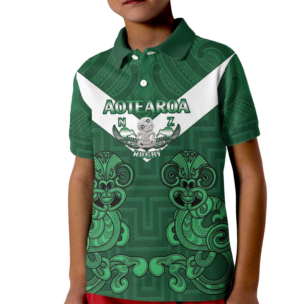 Custom Aotearoa Rugby Kid Polo Shirt New Zealand Maori Kete Poutama Pattern LT14 Kid Green - Polynesian Pride