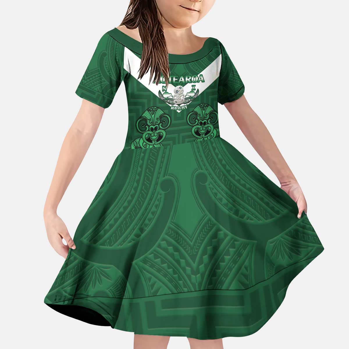 Custom Aotearoa Rugby Kid Short Sleeve Dress New Zealand Maori Kete Poutama Pattern LT14 KID Green - Polynesian Pride