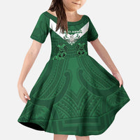 Custom Aotearoa Rugby Kid Short Sleeve Dress New Zealand Maori Kete Poutama Pattern LT14 KID Green - Polynesian Pride