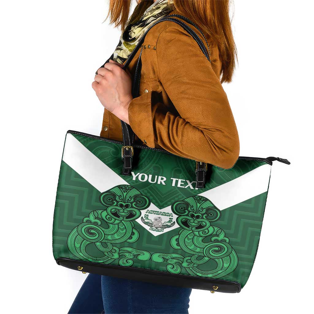 Custom Aotearoa Rugby Leather Tote Bag New Zealand Maori Kete Poutama Pattern LT14 Green - Polynesian Pride