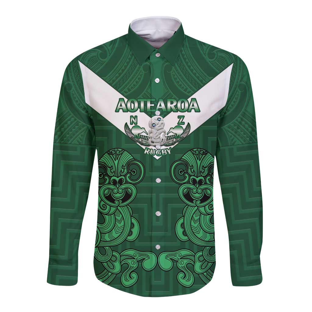 Custom Aotearoa Rugby Long Sleeve Button Shirt New Zealand Maori Kete Poutama Pattern LT14 Unisex Green - Polynesian Pride