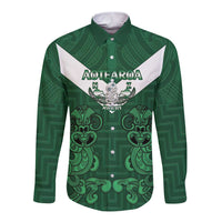 Custom Aotearoa Rugby Long Sleeve Button Shirt New Zealand Maori Kete Poutama Pattern LT14 Unisex Green - Polynesian Pride