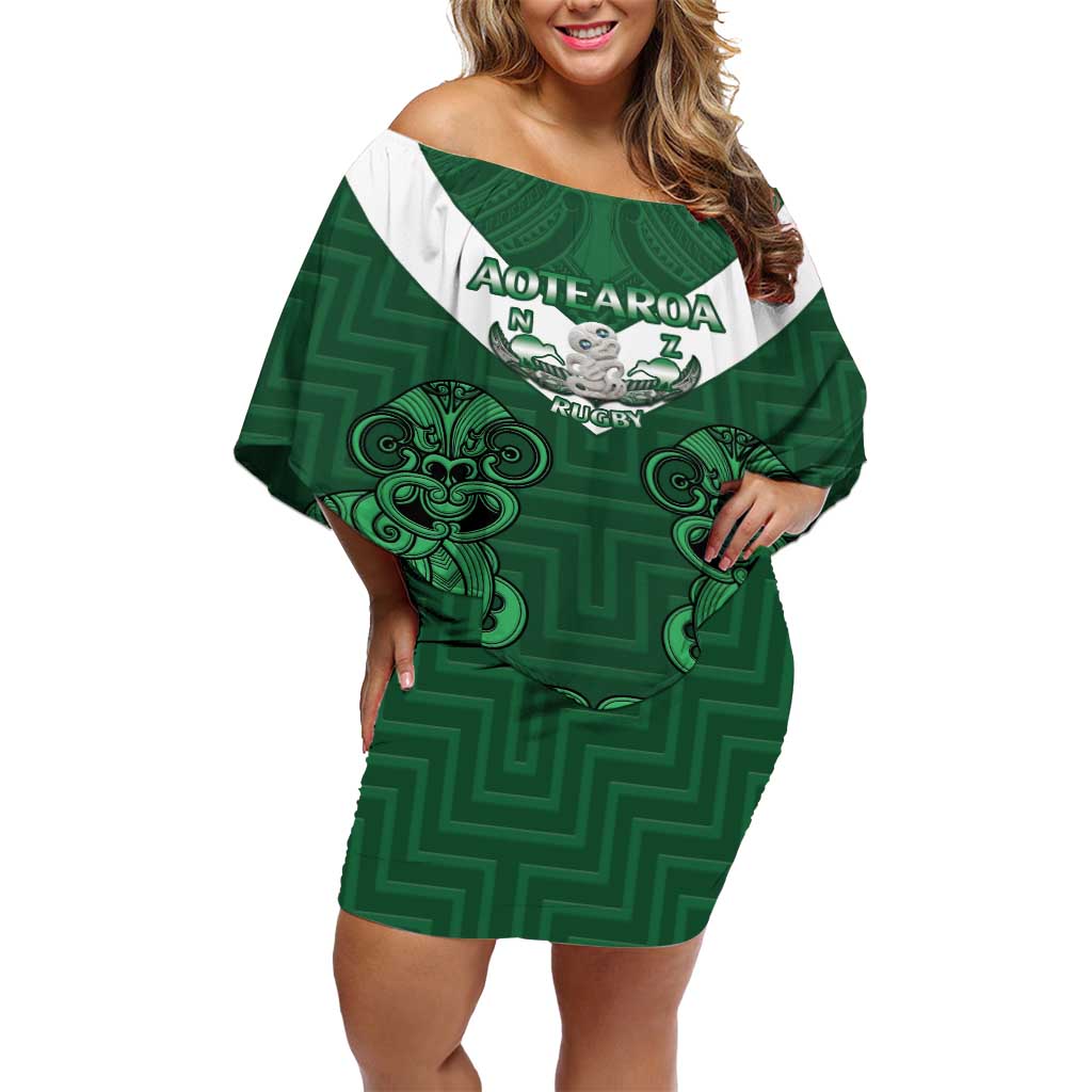 Custom Aotearoa Rugby Off Shoulder Short Dress New Zealand Maori Kete Poutama Pattern LT14 Women Green - Polynesian Pride