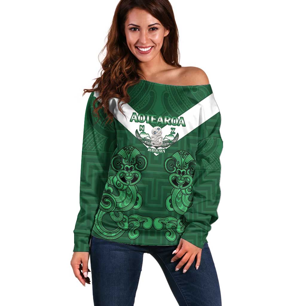 Custom Aotearoa Rugby Off Shoulder Sweater New Zealand Maori Kete Poutama Pattern LT14 Women Green - Polynesian Pride