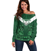 Custom Aotearoa Rugby Off Shoulder Sweater New Zealand Maori Kete Poutama Pattern LT14 Women Green - Polynesian Pride
